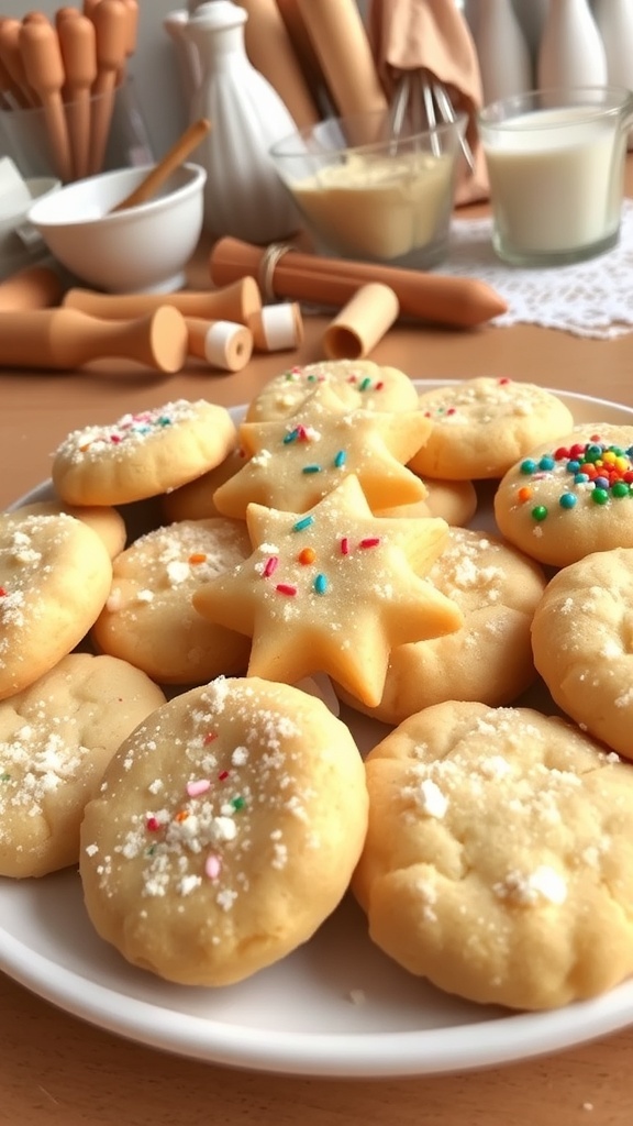 A plate of golden sugar cookies sprinkled with sugar and decorated with icing and sprinkles.